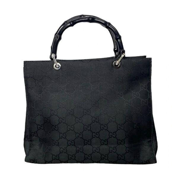 GUCCI Black Bamboo Handle Monogram Canvas Shopper Handbag Purse Y2K Vintage - Picture 1 of 12